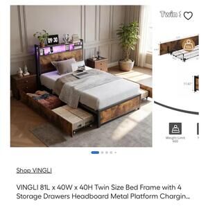 VINGLI Twin Size Bed Frame with 4 Storage Drawers & Headboard Metal Platform